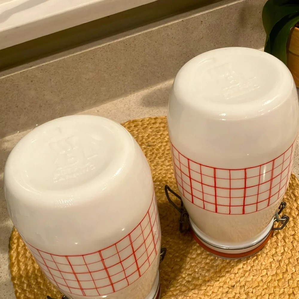 Vintage Wheaton 1.5L Milk Glass Flour & Sugar Jars/Canisters - Red & White